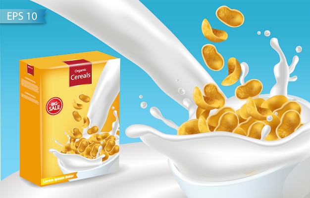 Cornflakes in milk splash mockup