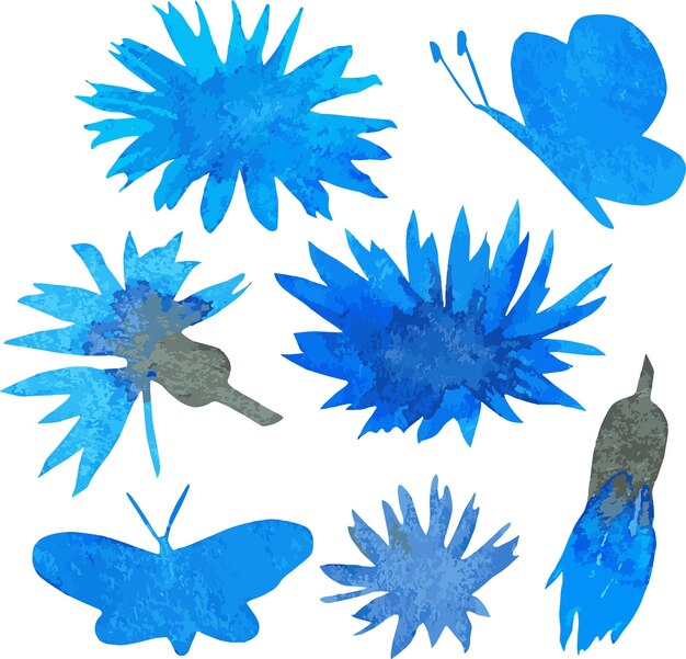 Vector cornflowers and butterfly silhouettes