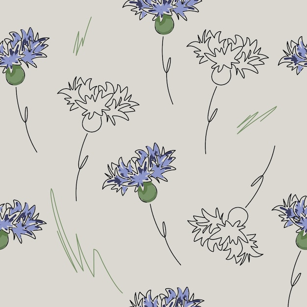 Cornflowers solid line drawing Seamless texture Abstract minimal cornflower Blue Doodle