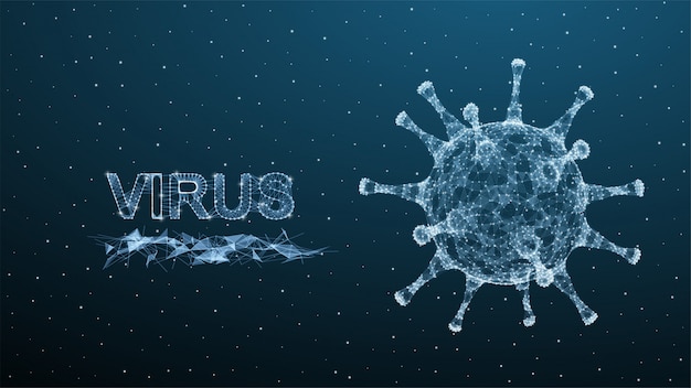 Corona virus 3d polygonal text. Virus on blue background.