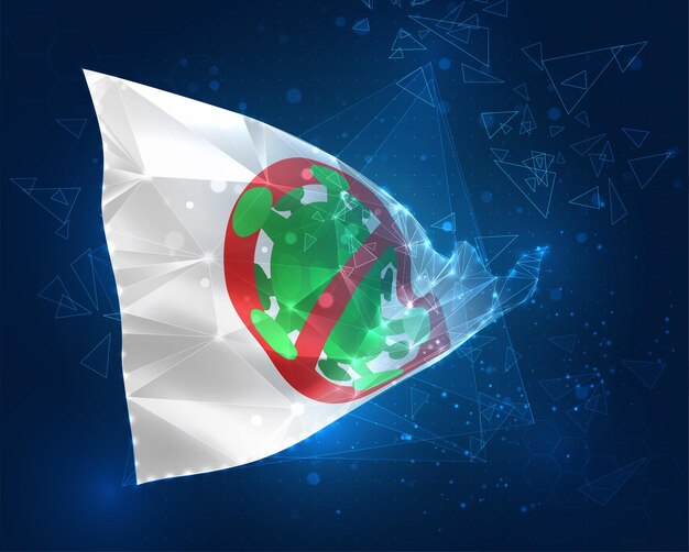 Corona virus crossed out with red stop sign white vector flag virtual abstract 3D object from triangular polygons on a blue background