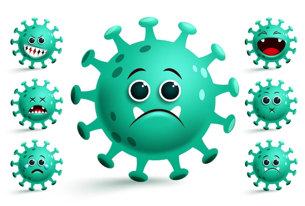 Corona virus emoji vector set Covid19 coronavirus emojis and emoticons with sad facial expression