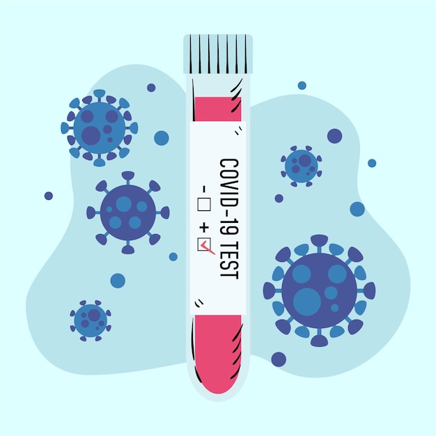 Coronavirus blood test tube surrounded by viruses