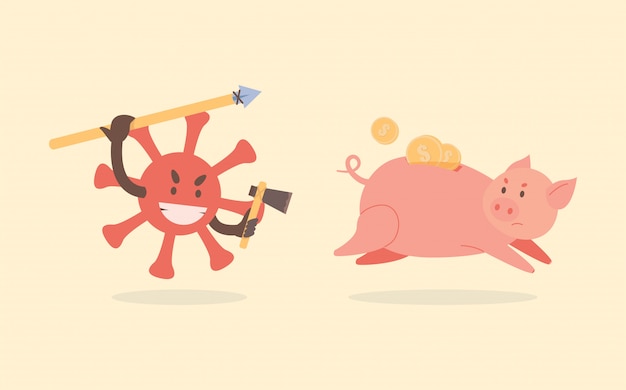 Coronavirus cell hunts and attacks the piggy Bank. Piggy Bank run away from covid-19 cell flat illustration.