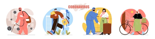 Coronavirus concept scenes set Medical worker disinfects street measures temperature remote working quarantine Collection of people activities