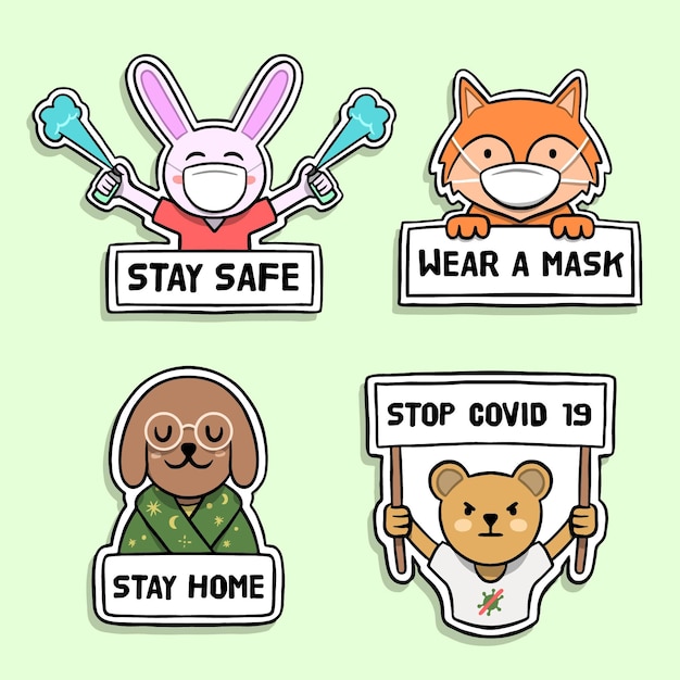 Coronavirus concept stickers pack with cute animals