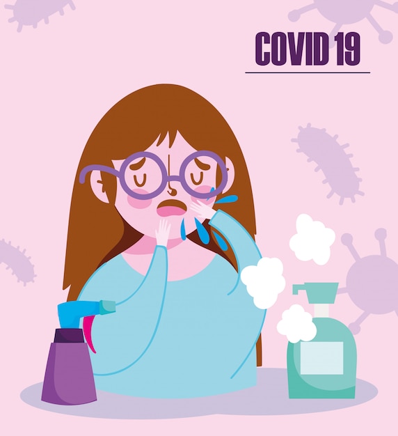 coronavirus, coughing girl with disinfectant products