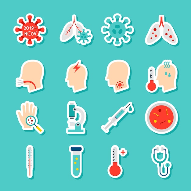 Coronavirus CoV Stickers. Vector Illustration Flat Style. Collection of Medical Symbols.