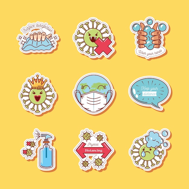 Coronavirus covid 19 icons set, prevention measures illustration sticker icon