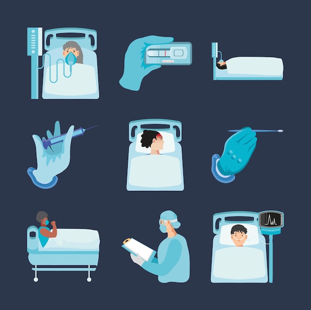 Coronavirus covid 19 patients test sample staff medical icons set illustration