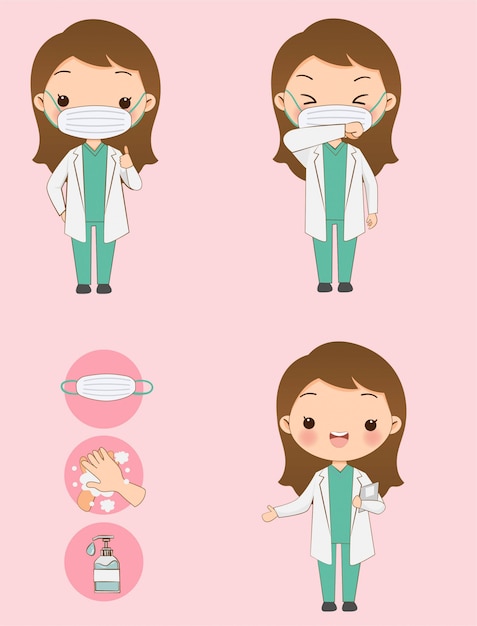 Coronavirus (COVID-19)preventions. Cute doctor wear face mask explains how to prevent the virus