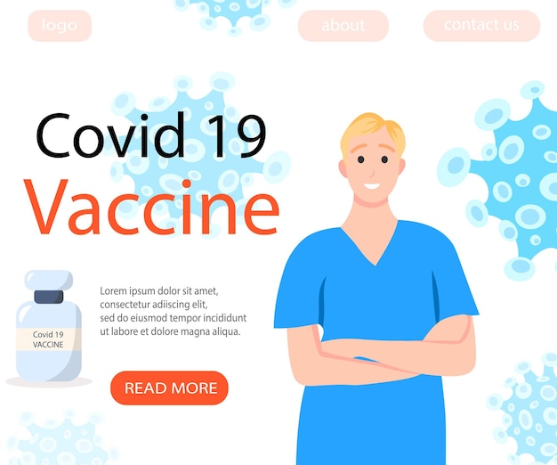 Coronavirus Covid 19 vaccination website background. Health care campaign medical banner. Colorful vector flat illustration.