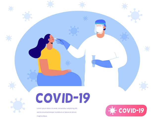 Coronavirus COVID19 test Doctor taking or DNA test by nasal nose swab probe Flat Vector Illustration