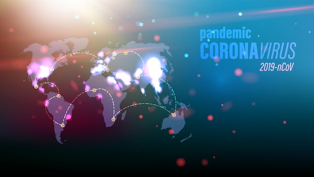 Coronavirus danger concept image on blue world map with red particles in environment.