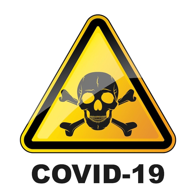 Coronavirus danger triangular sign with skull. Covid-19 warning symbol. Vector illustration. Epidemic coronavirus concept.