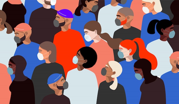 Coronavirus. Different people wearing medical face mask. Worldwide quarantine concept. Colourful female character. Hand drawn men an women standing. Trendy web and app illustration.