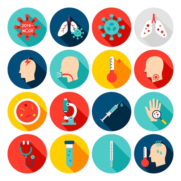 Coronavirus Flat Icons. Set of Circle Medical Items with Long Shadow.