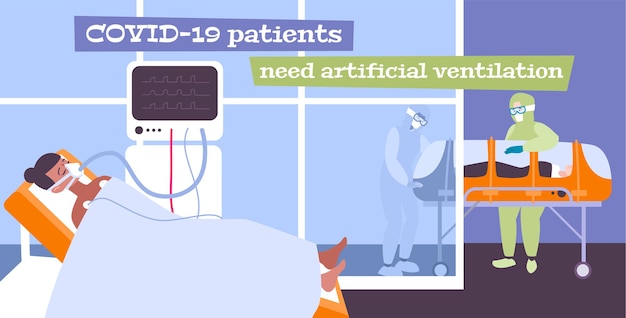 Coronavirus illustration with doctors in protective suits and patients needed in artificial lung ventilation