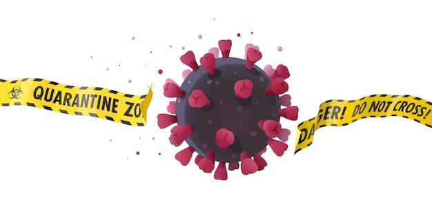 Coronavirus impact. Conceptual  image. Spiky sphere of COVID-19 virus breaks the barrier tape of a quarantine zone and tries to get out of control. Risky situation with a prevention of pandemic.