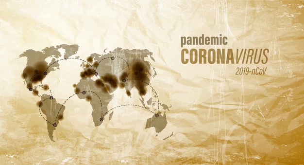 Coronavirus pandemic map on old brown paper.