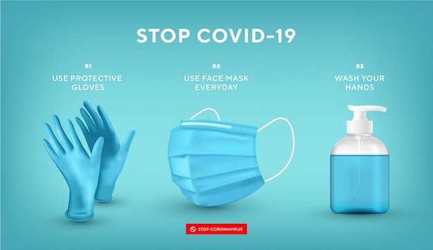 Coronavirus prevention. Quarantine concept. Pandemic. Stop dangerous virus. Use mask, gloves and wash hands. Realistic medical face mask, gloves, soap.