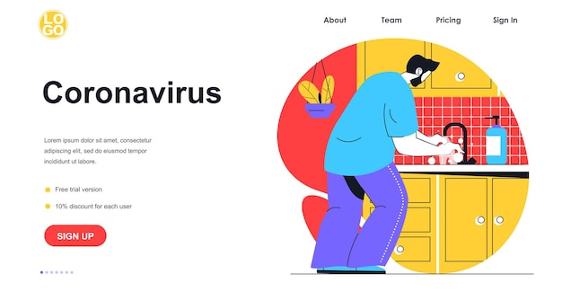 Coronavirus prevention web banner concept. man washes hands with soap at home. Precautions and prevention of virus spread, landing page template. Vector illustration with people scene in flat design