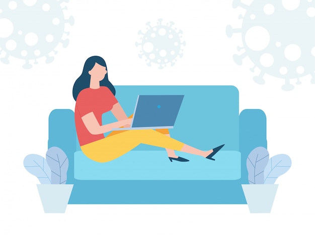 Coronavirus quarantine concept. woman working at home. woman sitting on sofa or couch and working on laptop. Prevent infection spreading isolated on background  illustration