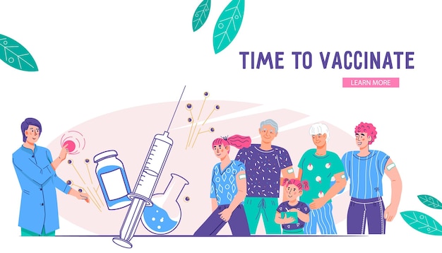 Coronavirus vaccination website interface template with people vaccinated against Covid-19 or flu. Virus vaccine injection campaign web banner, flat cartoon vector.