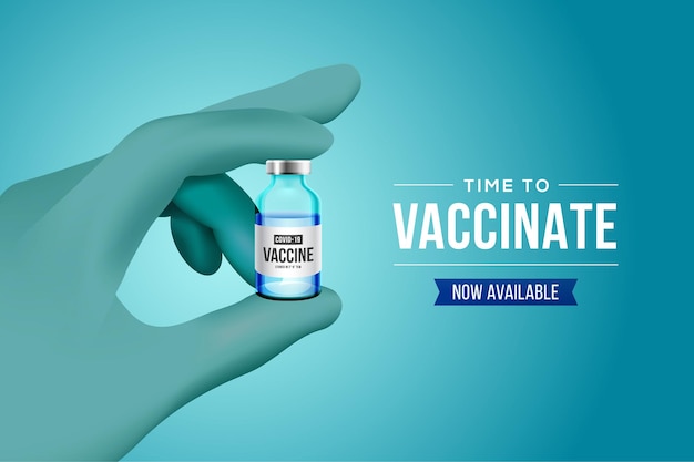 Coronavirus vaccine. Covid-19 corona virus vaccination with realistic 3d vaccine bottle and hand with surgical gloves for covid19 immunization treatment.