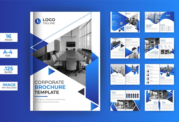 Corporate blue 16 pages brochure template, business brochure with the modern shape