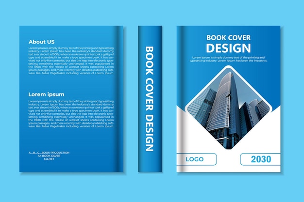 A corporate book cover design template in gradient colors of blue and dark blue