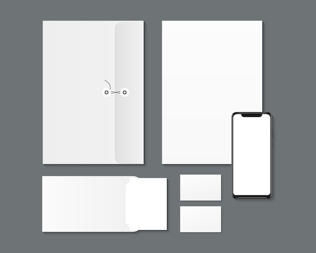 Corporate branding identity design. Blank smartphone, paper, envelopes, business cards mockup. 