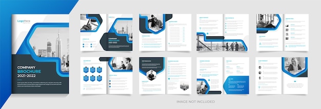 Corporate brochure design template 16 pages with purple creative shapes for business profile