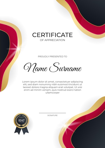 Corporate certificate of achievement template with red and gold color combination