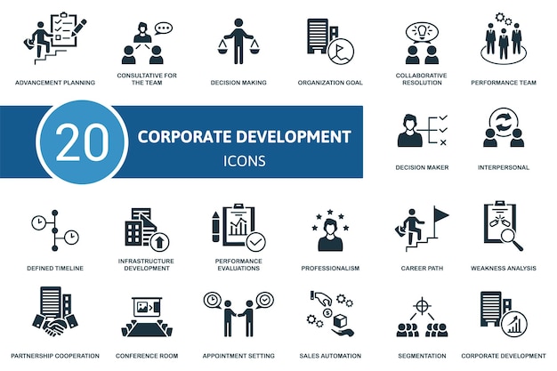 Corporate Development set icon Contains corporate development illustrations such as consultative for the team organization goal performance team and more