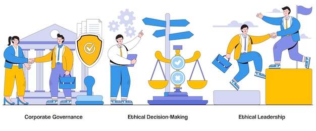 Vector corporate governance ethical decisionmaking ethical leadership concept with character corporate responsibility abstract vector illustration set transparency board oversight accountability