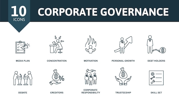 Corporate Governance icon set Collection of simple elements such as the leadership publicity media plan concentration personal growth debate corporate responsibility