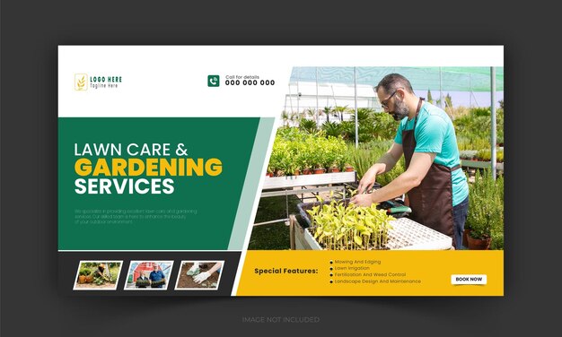 Vector corporate lawn care and gardening or landscaping service live stream youtube video thumbnail design