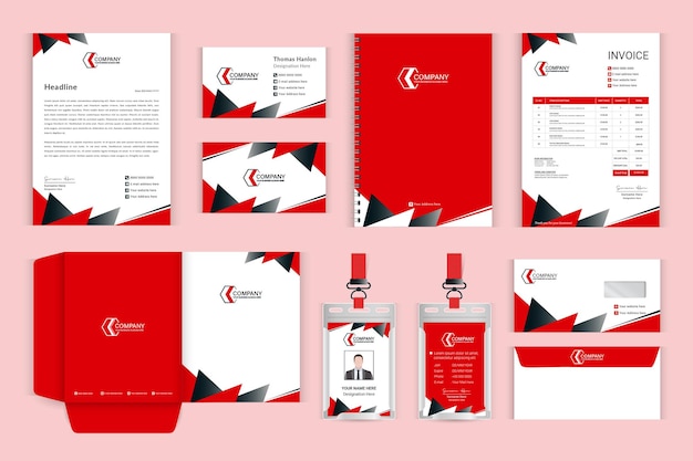 Corporate modern company stationery design template with red and black shapes