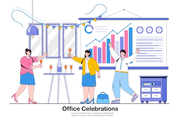 Corporate party with business team and office workers group Company employes or partners celebrating financial success Outline design style minimal vector illustration for landing page hero images