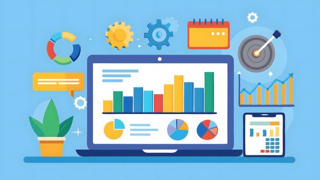 Vector corporate performance tracking displayed on laptop with data and growth metrics