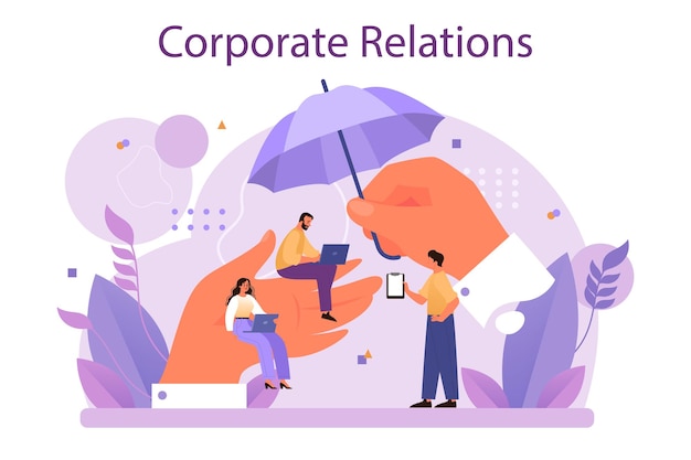 Corporate relations. Business ethics. Corporate organization development and compliance. Company policy course for employees. Flat vector illustration