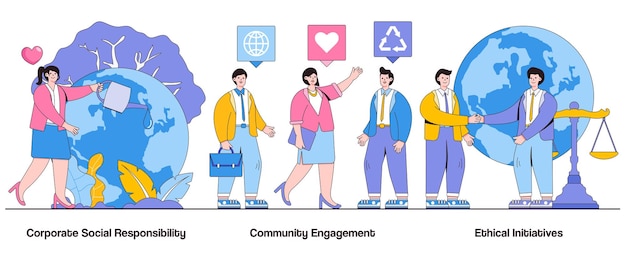 Vector corporate social responsibility community engagement ethical initiatives concept with character csr practices abstract vector illustration set sustainable impact purposedriven business metaphor