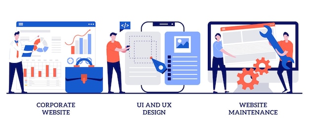 Corporate website, UI and UX design, website maintenance concept with tiny people. Web development set. Graphic design service, mobile app, user interface, support metaphor.