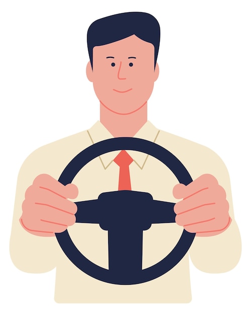 Corporate worker with steering wheel Driving young man