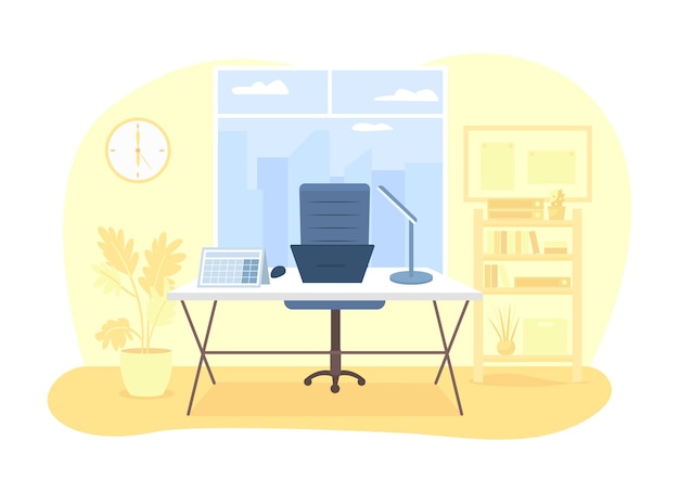 Corporate workplace 2D vector isolated illustration. Desk with laptop in room. Workstation for employee. Company inteior flat scenery on cartoon background. Business organization colourful scene