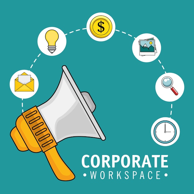 Corporate workshop design with megaphone and related icons over teal background vector illustration