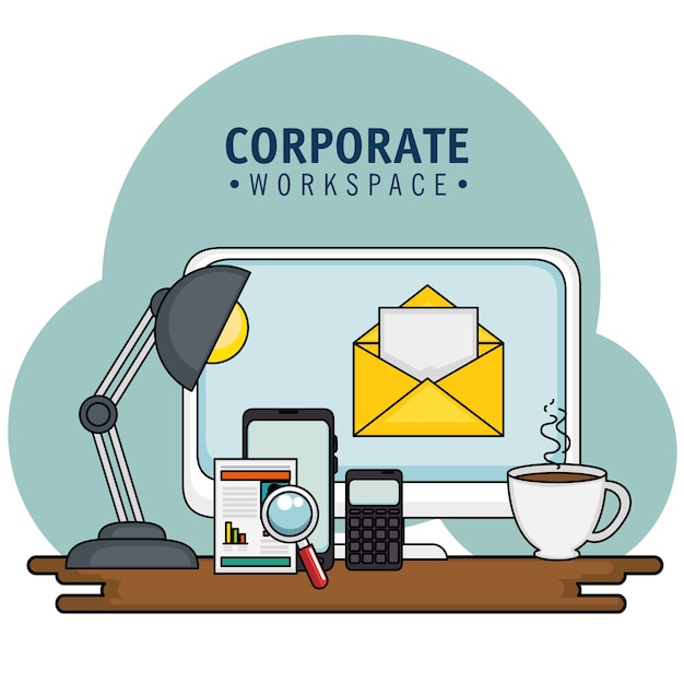 Corporate workspace design with desk and office supplies over light background vector illustration