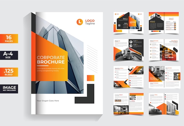 Corporate yellow 16 pages brochure template, business brochure with the modern shape