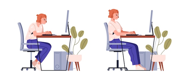 Correct good position vs bad incorrect posture for sitting at computer desk. Right and wrong back and neck poses of woman at workplace. Flat graphic vector illustration isolated on white background